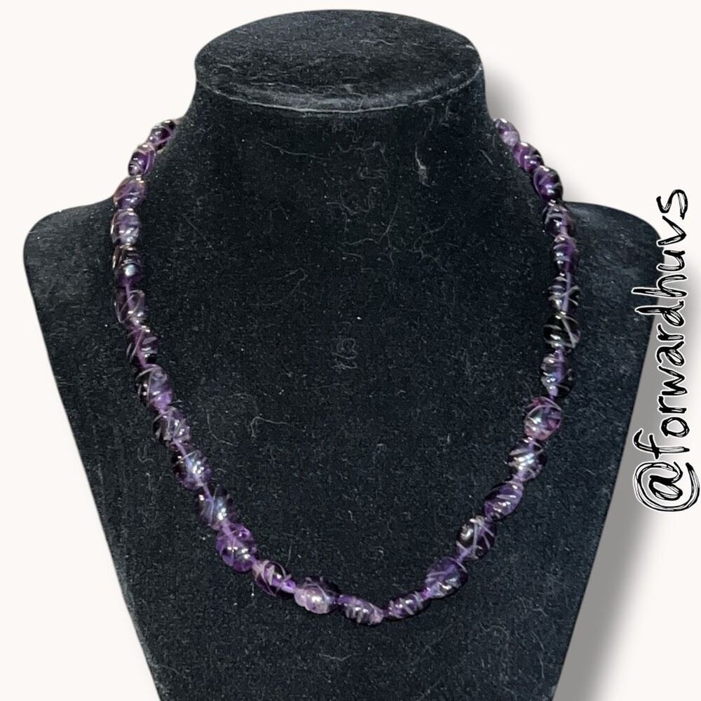 Vintage Carved Amethyst Gemstone Bead Necklace Purple 18” Silver Tone Clasp - Picture 3 of 8